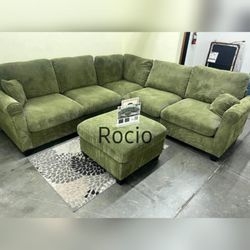 Sage corduroy sectional sofa with ottoman