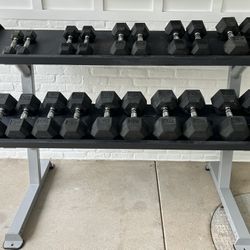 Rubber Hex Dumbbell Set (5-50 lbs) + Weight Rack