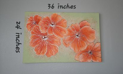 3D Large Original Orange Hibiscus Floral Canvas Painting - 24x36 Modern Textured Wall Art original painting with silver leaf and beads