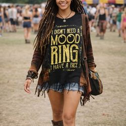 Black Graphic Tee with Fringe Attached Cardigan Boho Festival