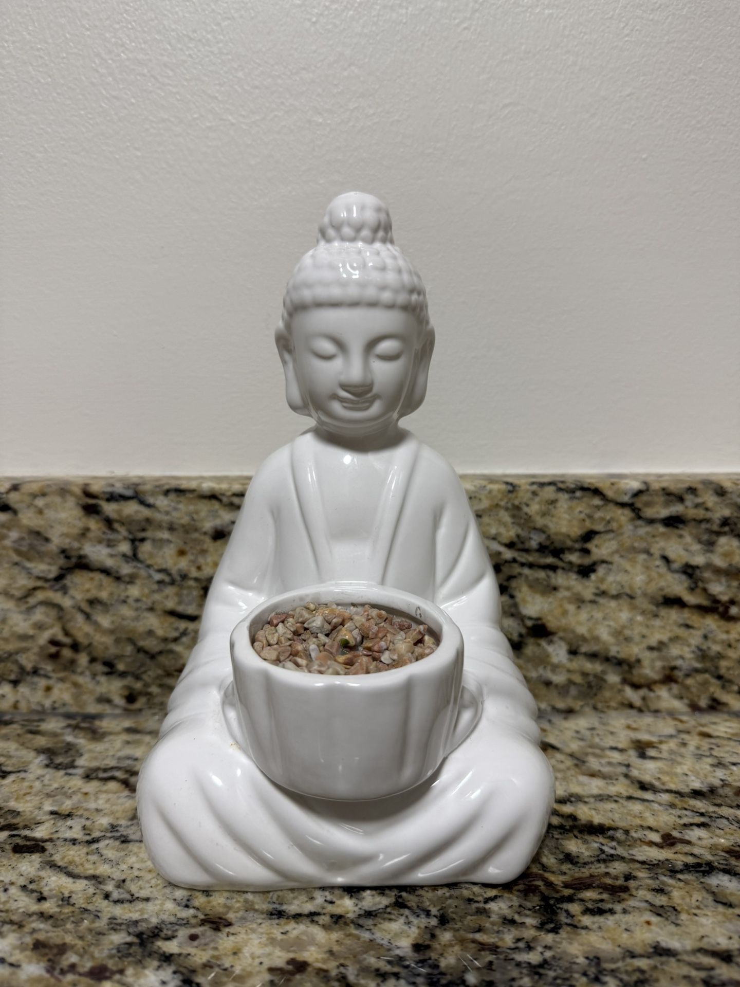 White Ceramic Buddha Statue with Bowl