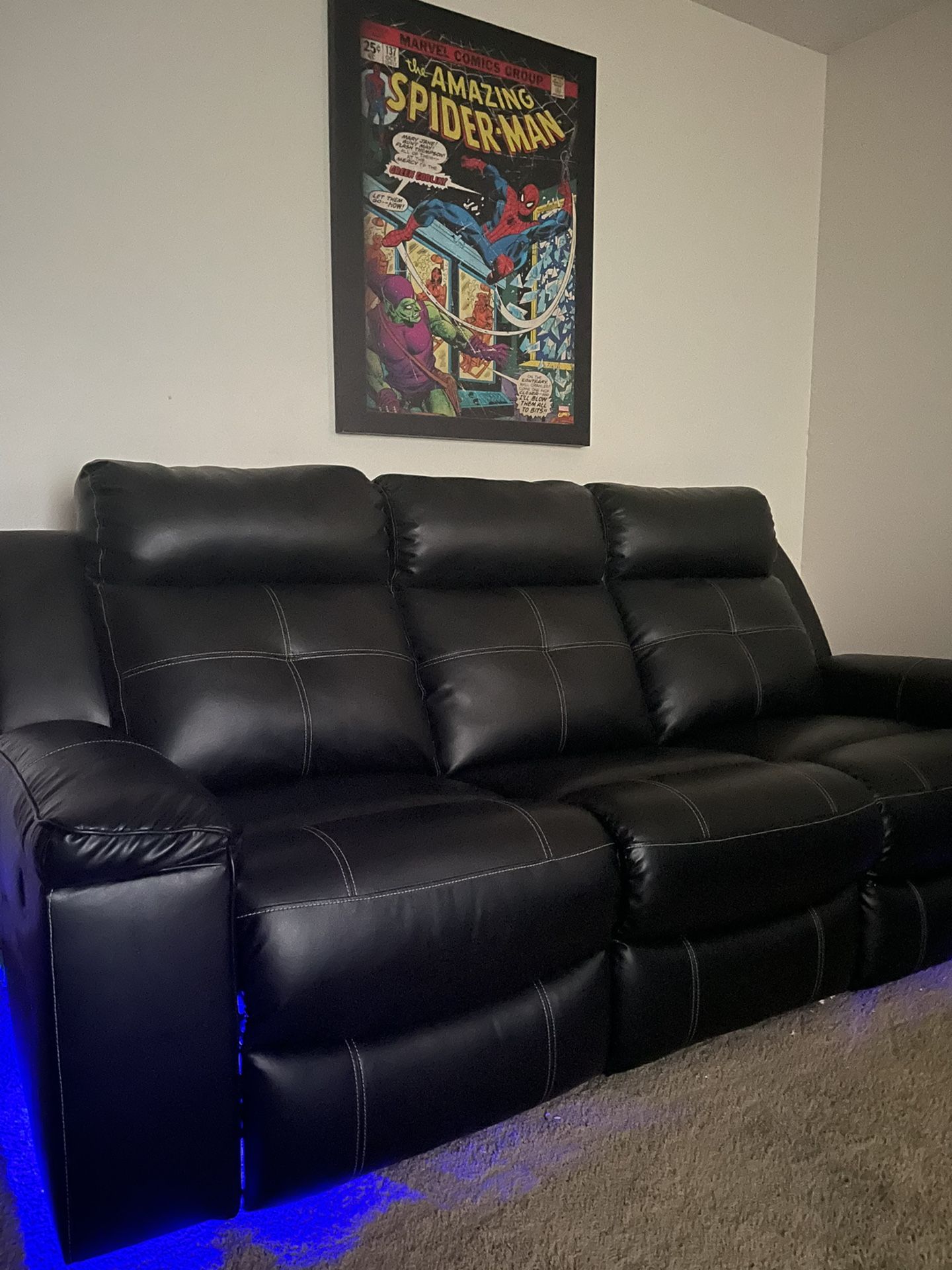 Black Leather Reclining sofa with LED lights