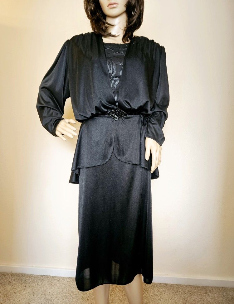 Vintage BOSTON MAID Black Rich Widow Sequins Peplum Dress 12 M 8 10 Long Sleeves