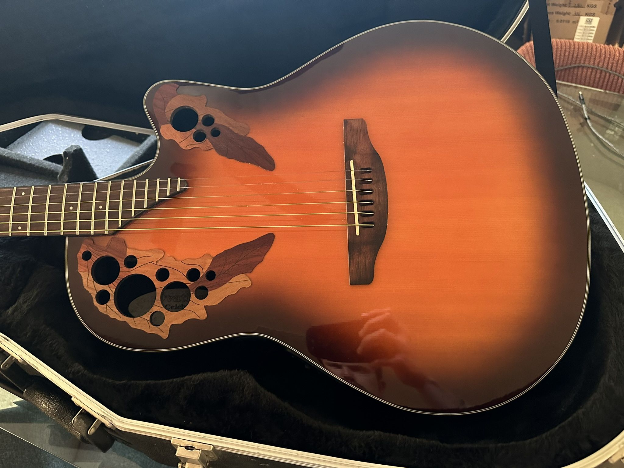 Ovation Elite Acoustic Electric Guitar Multi Hole Sound top W/ Hard Case