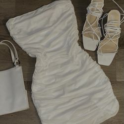 White Scrunched BodyCon Dress🤩 Heels And Purse Are Available For Sale