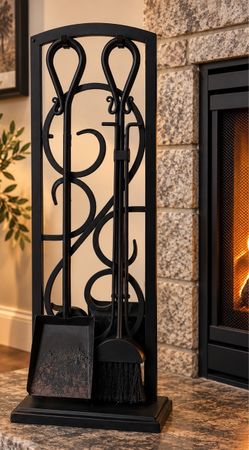 Black Metal Fireplace Tool Set with Stand