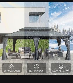 12' X 20' Hardtop Gazebo, Upgraded Metal Gazebo with Drainage System, Dual-Layer Galvanized Steel Roof, Curtain and Netting, Outdoor Shelter Canopy fo