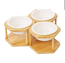 Lusifaco Set of 3 Single Elevated Cat Bowls, Ceramic Raised Cat Food Water Bowl with Bamboo Stand, Porcelain Pet Dishes