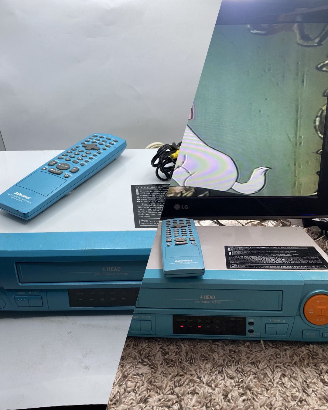 Vintage Rare Blue Admiral 4-Head VHS VCR Video Recorder TESTED Turquoise Remote