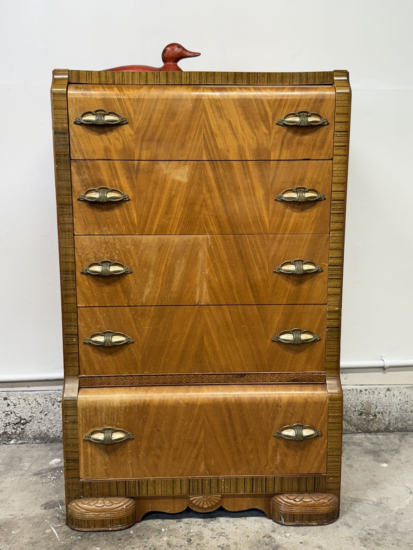 Chest of Drawers, Waterfall with Bakelite pulls and cedar bottom drawer. Tota
