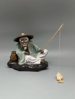 Chinese Shiwan Pottery Fisherman Figurine - Old Man Fishing Statue