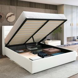 Full Size Velvet Lift Up Hydraulic Storage Bed Frame, Platform Bed with Upholstered Wingback Headboard, No Box Spring Needed, White