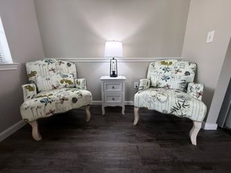 Set of Two Patterned Armchairs with Side Table & Lamp
