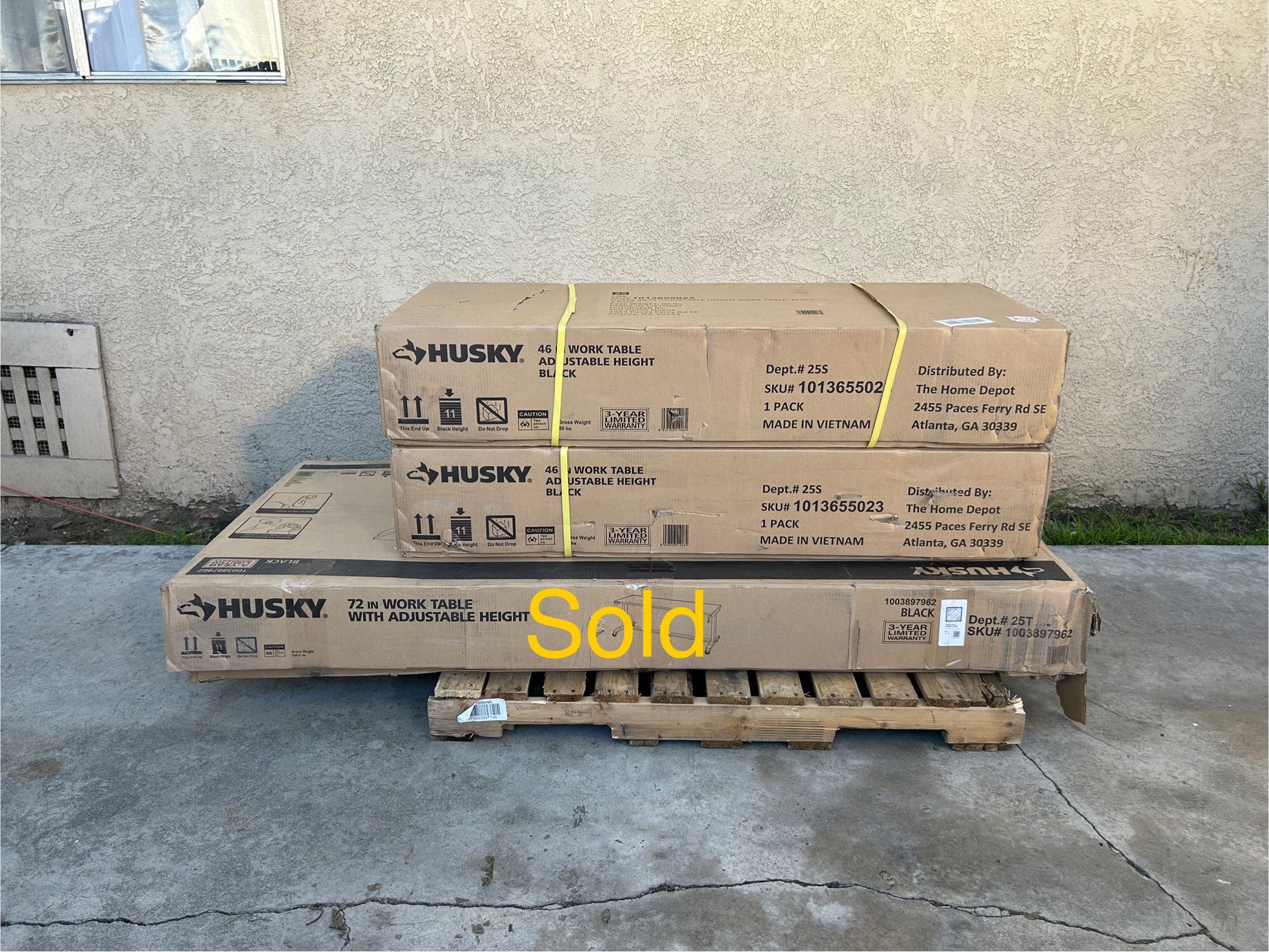 NEW Husky 46” Adjustable Height Work Table w/Wood Top, Gloss Black **3 Available, $165 Each**