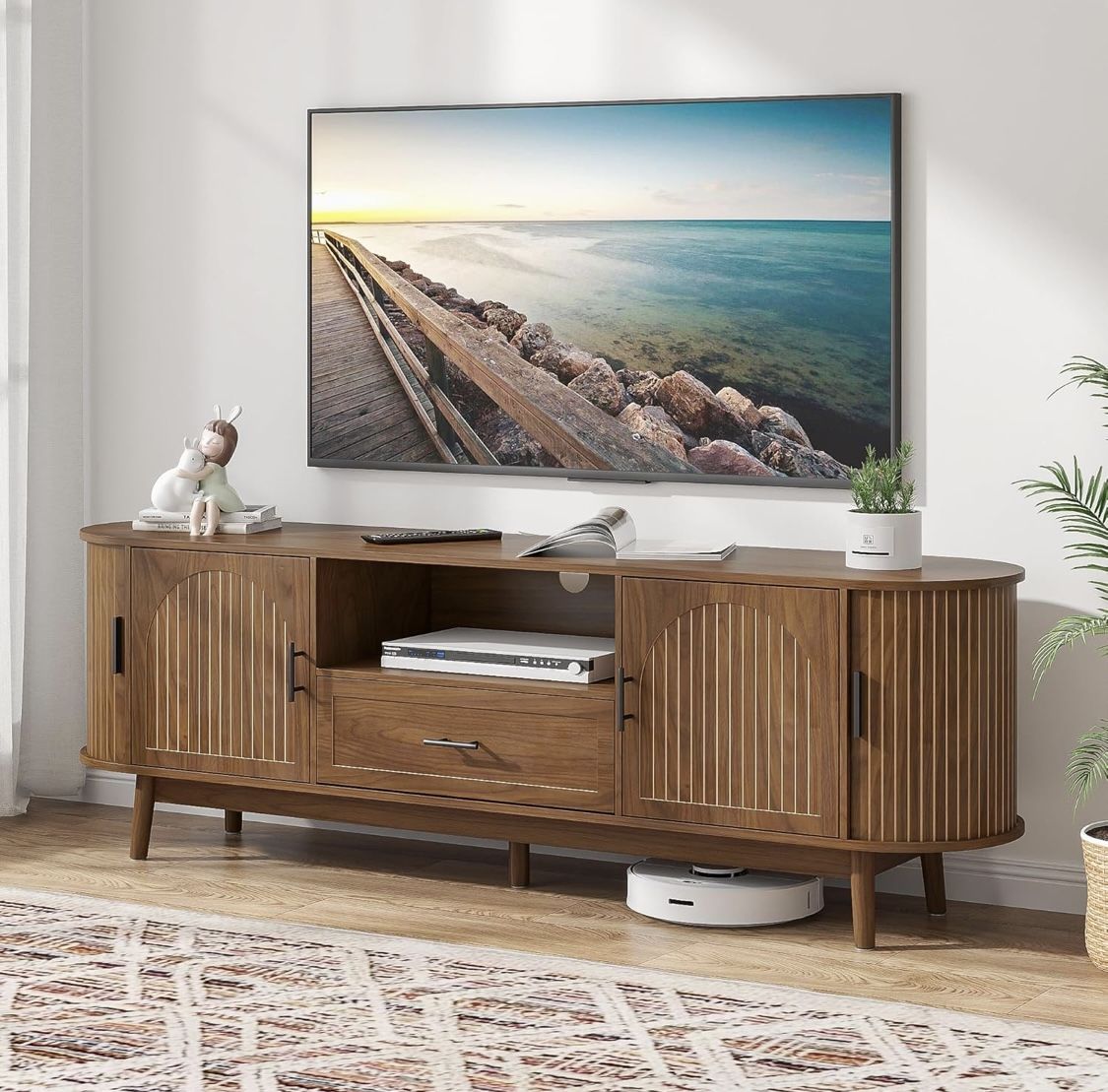 70" Fluted TV Stand for Tvs up to 80", Mid-Century Modern Entertainment Center with Drawers and Fluted Doors, Curved TV Media Console Table with Slidi