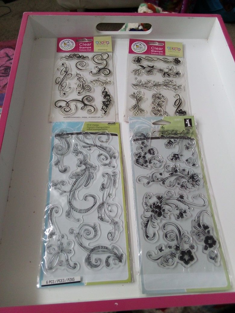 4 Four Clear Stamps Swirls Embellishments Curls Fancy Shapes Effects Flowers Ribbon Frame Creative Craft Projects Clear