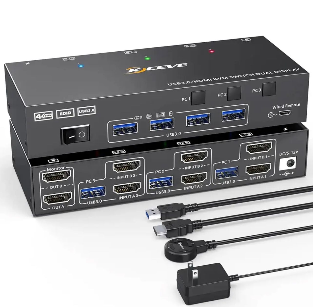  Dual Monitor KVM Switch USB 3.0 HDMI KVM Switch 2 Monitors 3 Computers, EDID Emulator,4K@60Hz 2K@144Hz with 4 USB 3.0 Ports