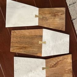 Crate And Barrel Set Of 4 Marble Brass Acacia Serving Trays NWT 