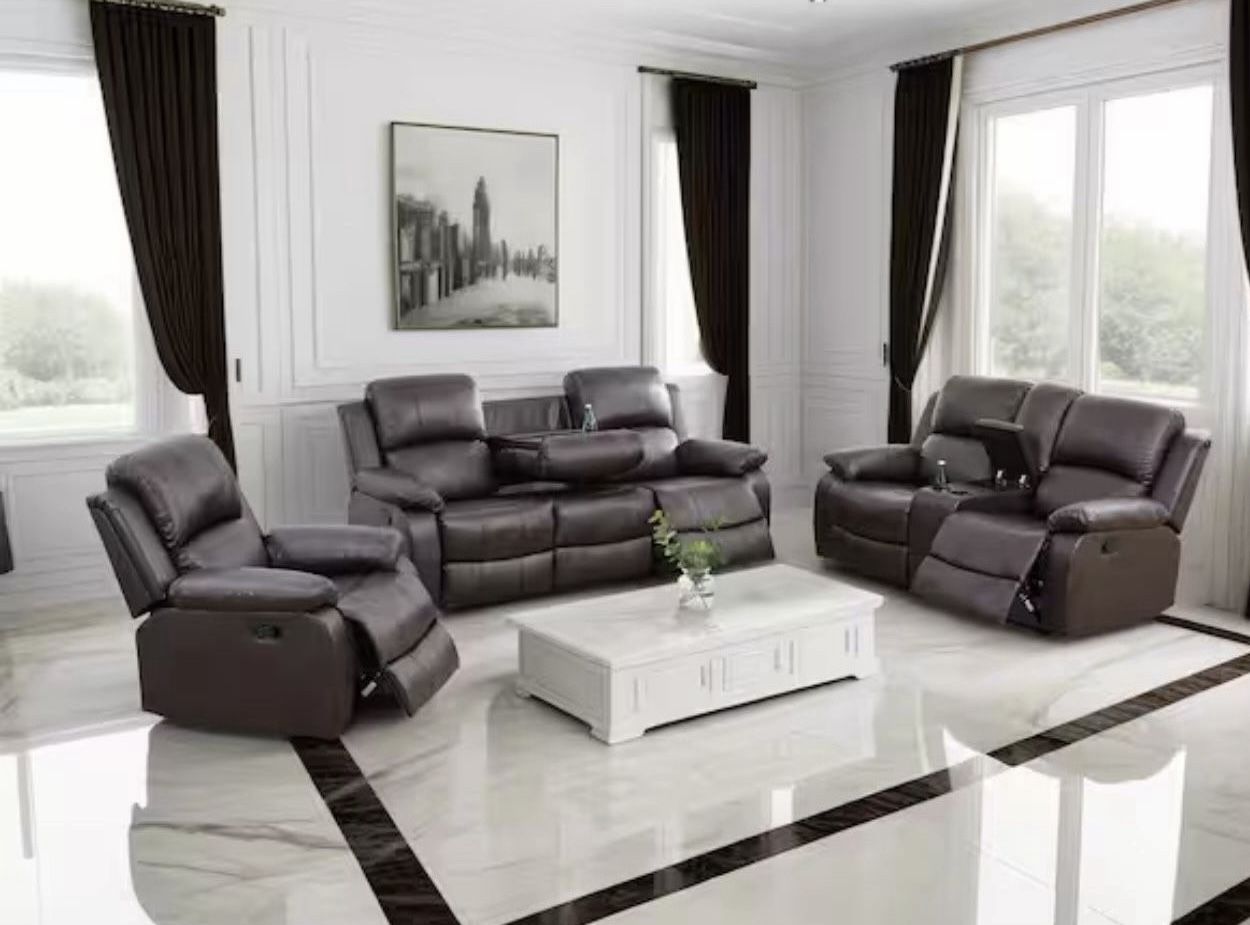 Brown Leather Fully Reclining Three Piece Couch Set 