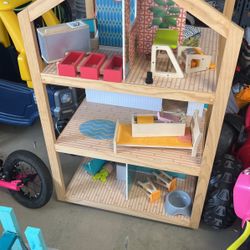 Wooden Dollhouse With Wooden Furniture