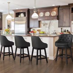 26.5 in Black Solid Wood Faux Leather Swivel Counter Height Bar Stool Double Cushion Bar stool with Rivets Set of 4