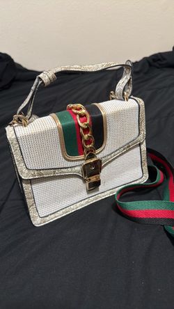 White Structured Handbag with Gold Chain Detail