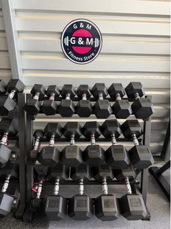Top quality ⭐️New pair of 5,10,15,20,25,30,40,50,60lb rubber dumbbells with rack. $640