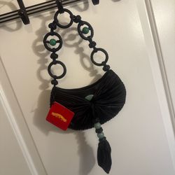 SHANGHAI TANG SoHo Jade Purse Bag Genuine leather exterior, 100% silk, Genuine Jade Black leather handbag with green beads and tassels 