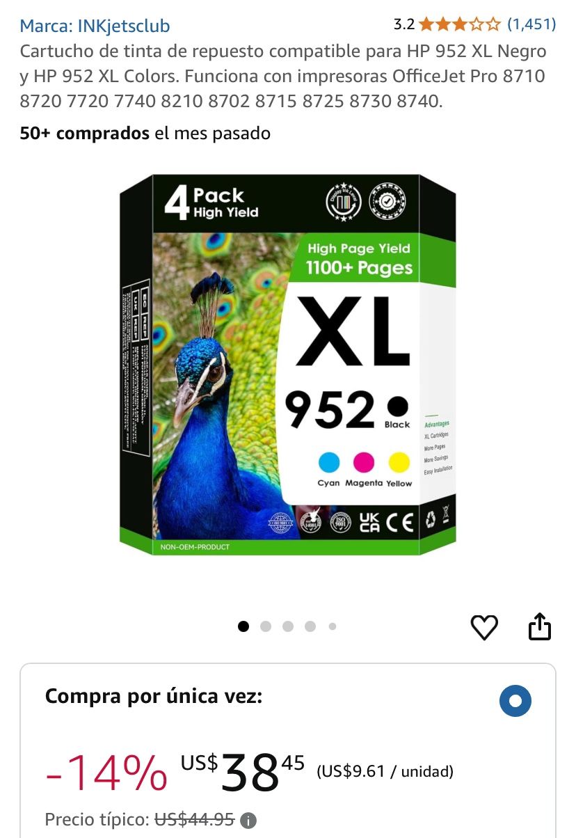 Cartucho de tinta de repuesto compatible para HP 952 XL Negro y HP 952 XL Colors. Funciona con impresoras OfficeJet Pro 8710 8720 7720 7740 8210 8702