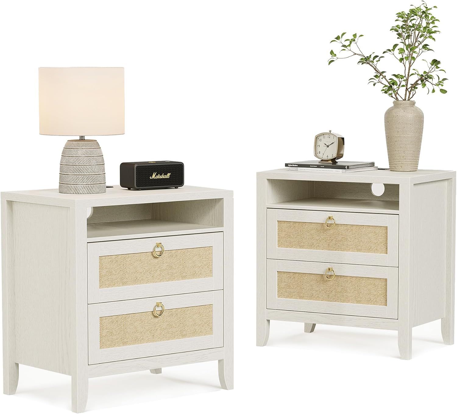Dowinx 23.6" White Night Stand Set of 2, Large Rattan Nightstands with Charging Station 2 Drawers