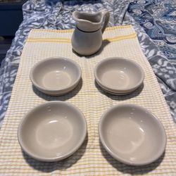Buffalo China Pitcher Vintage Restaurant Ware Creamer Pitcher And 4 Small Plates 