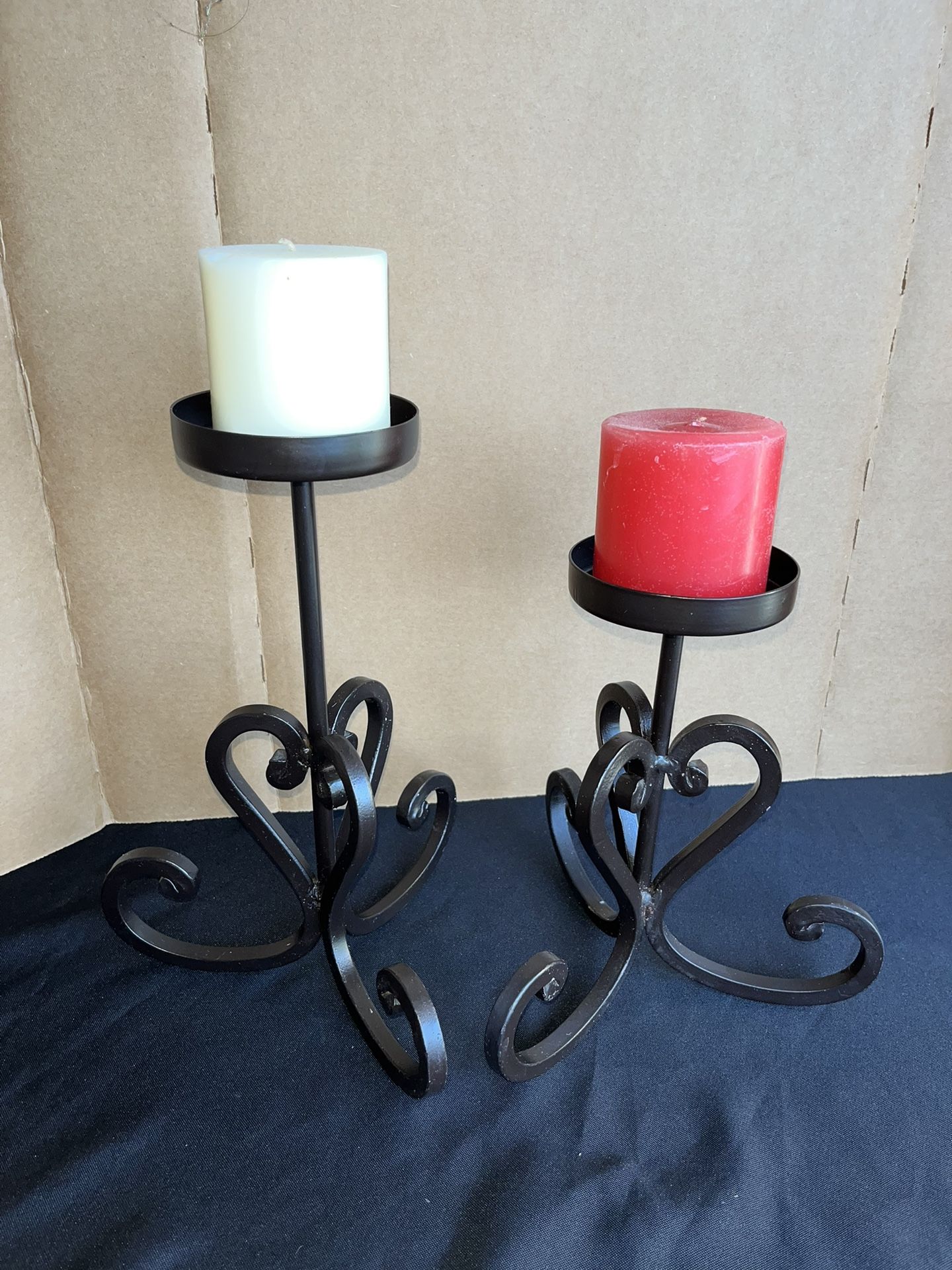 Two Iron Candle Holders And Candles