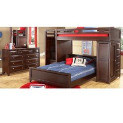 ROOMS2GO Twin Over Full Dark Cherry Wood  Bunk Bed Bedroom Set