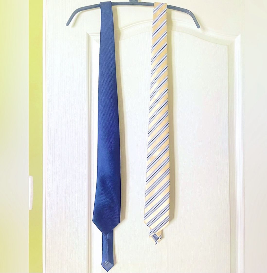 TWO Men’s Polyester Neckties, Solid Navy & Yellow Diagonal Stripe Standard Style