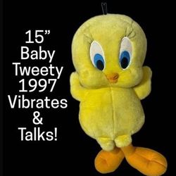 Vintage 1997 - 15” Talking, Giggles, & Vibrating Tweety Bird - Baby Looney Tunes / Tiny Toons