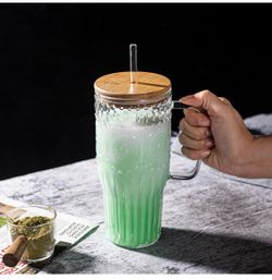 32oz Vintage Glass Cup with Handle with Bamboo Lids and Straws - Borosilicate Glass Tumbler for Hot and Cold drinks