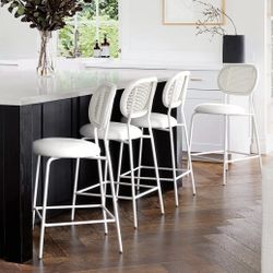 White Faux Leather Bar Stools Set of 4,Rattan and Wood Backrest with Metal Leg
