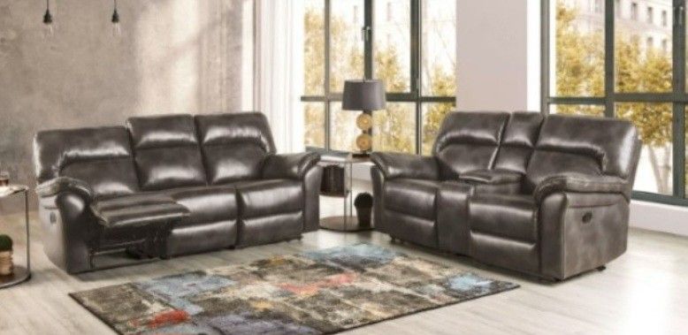 Brand New Grey Leather Reclining Sofa & Loveseat