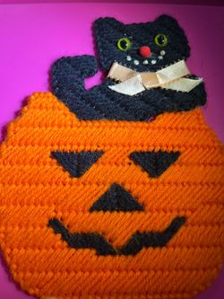 Vintage Halloween Pumpkin w/Cat Needle Point Plastic Canvas Hanging/Magnet