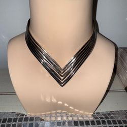 Vintage Silver Collar Necklace & Cuff Bracelet, Tribal V-Shape Set