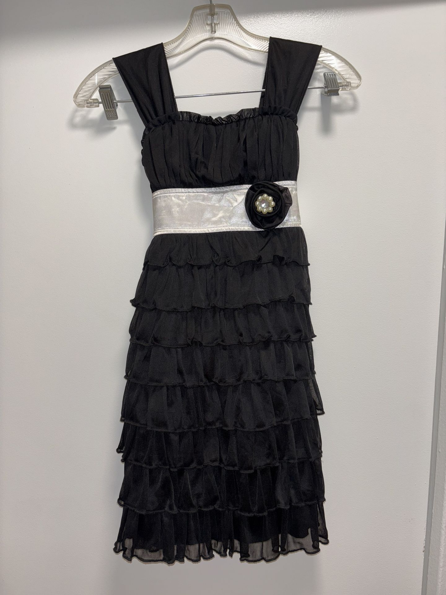 Girls youth Black Ruffled Dress with Silver Sash. Size 8 kids