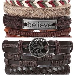 2 x Set Adjust. Size up to 9.5inc Leather Bracelet, (Believe_2-Brown)