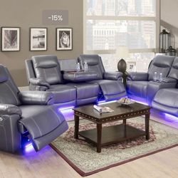 Power Electric Grey Leather Fully Reclining Couch Set