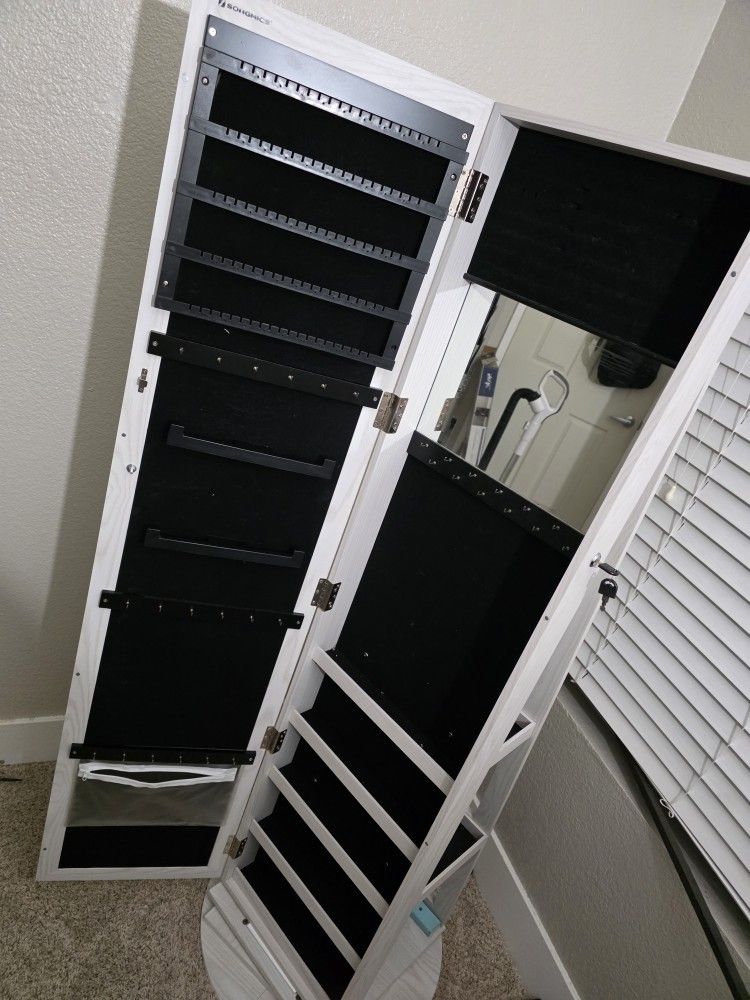 Jewelry Armoire With Full Body Mirror Shelves And 360 Degree Rotation