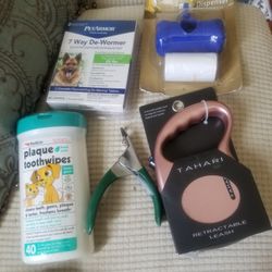assortment of dog items