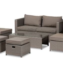 New 6 Piece Gray Rattan Patio Furniture Set Loveseat Chairs Coffee Table Stools with Cushions