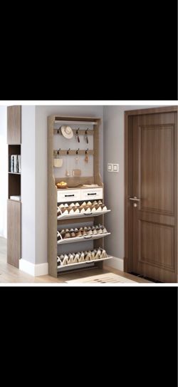 Entryway Shoe Cabinet with Hooks and Drawers
