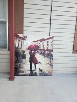 Romantic Couple in Rain Canvas Wall Art