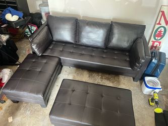 Dark Brown Faux Leather Sectional Sofa with Ottoman