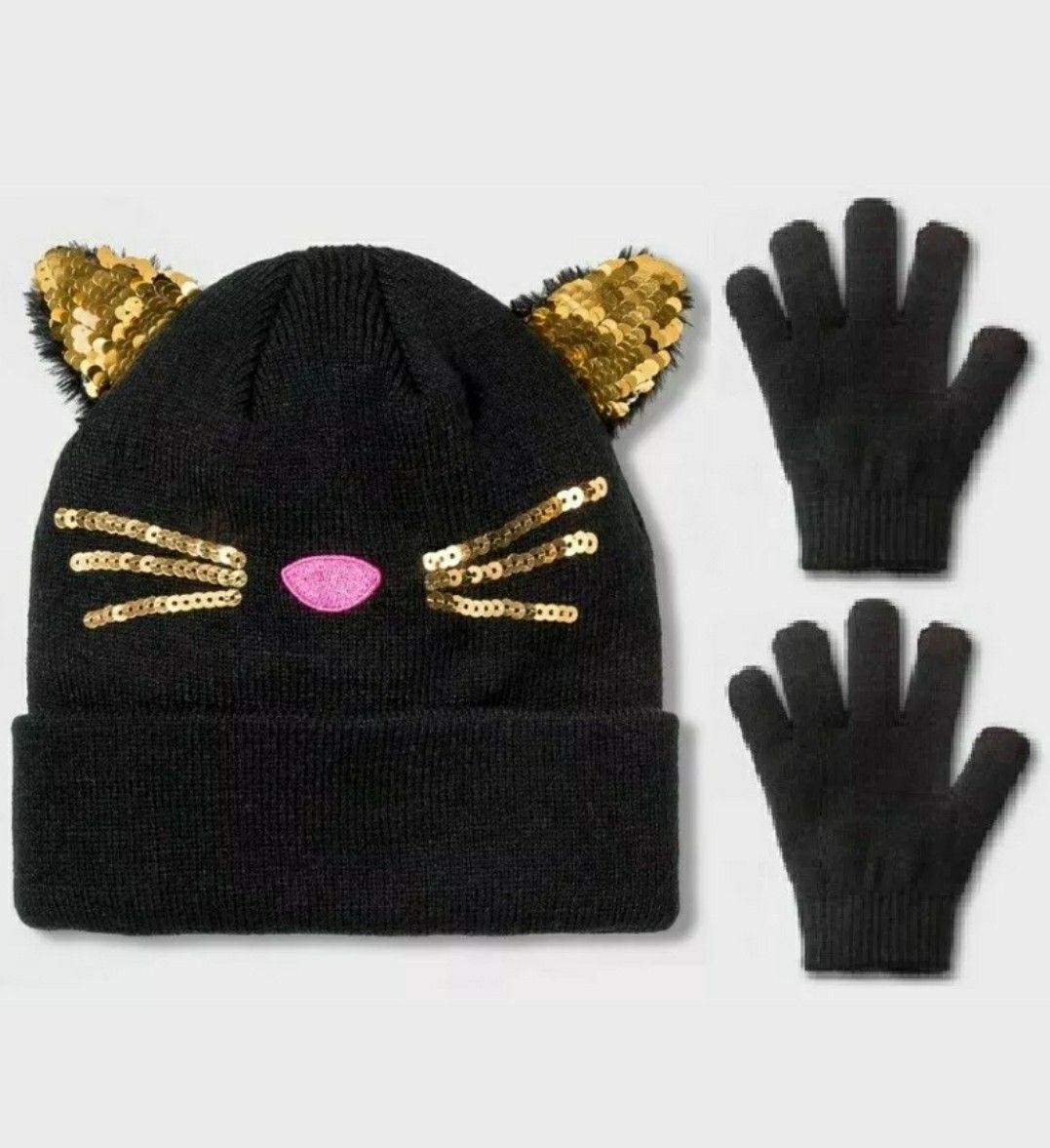 Girls Cat Ears Winter Beanie and Gloves Set Warm and Cozy/Gorrito para niña con guantes